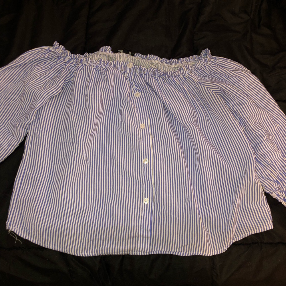 Light blue, long sleeve, off shoulder top.
